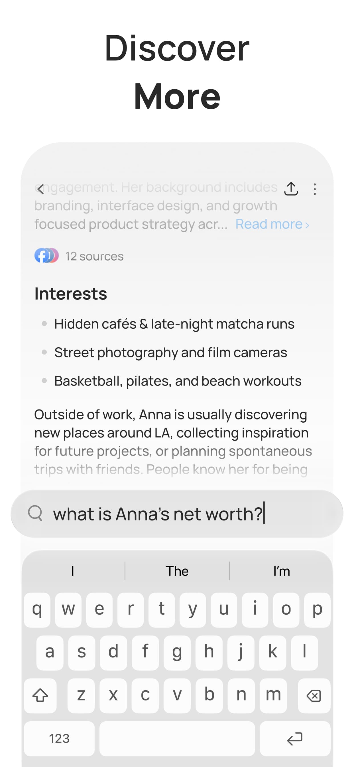 DeepFind follow-up question screen showing interests, sources, and iOS keyboard