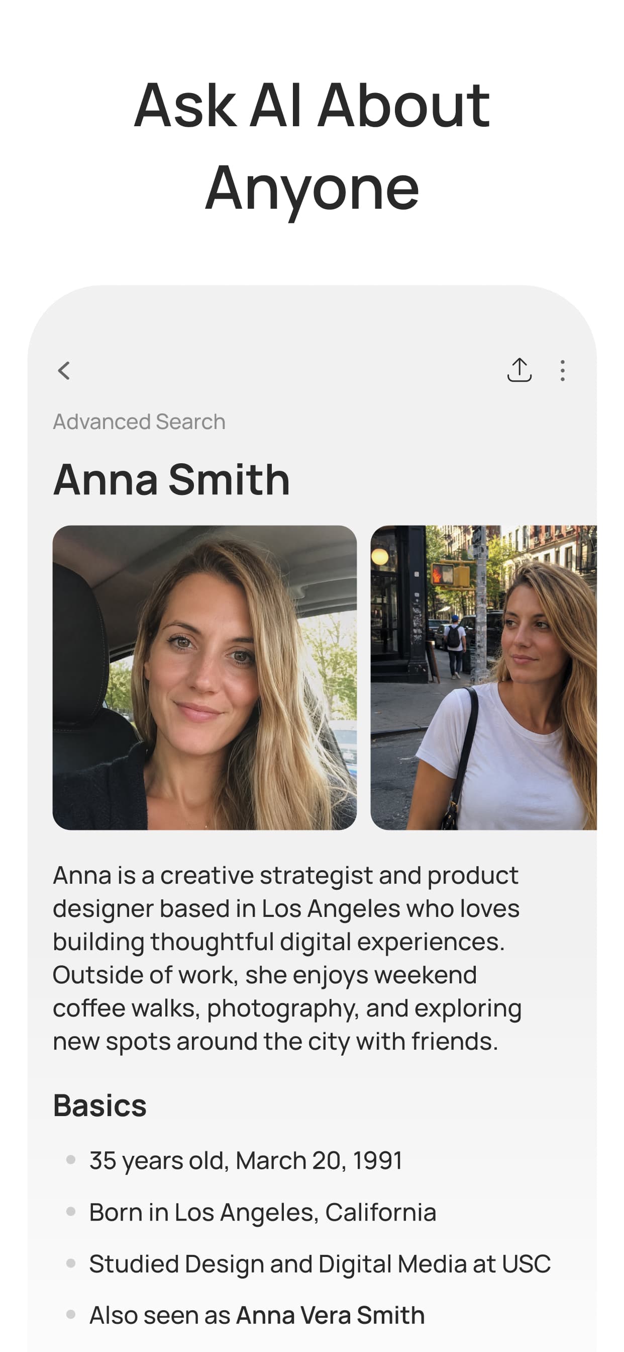 DeepFind profile report with public details and images