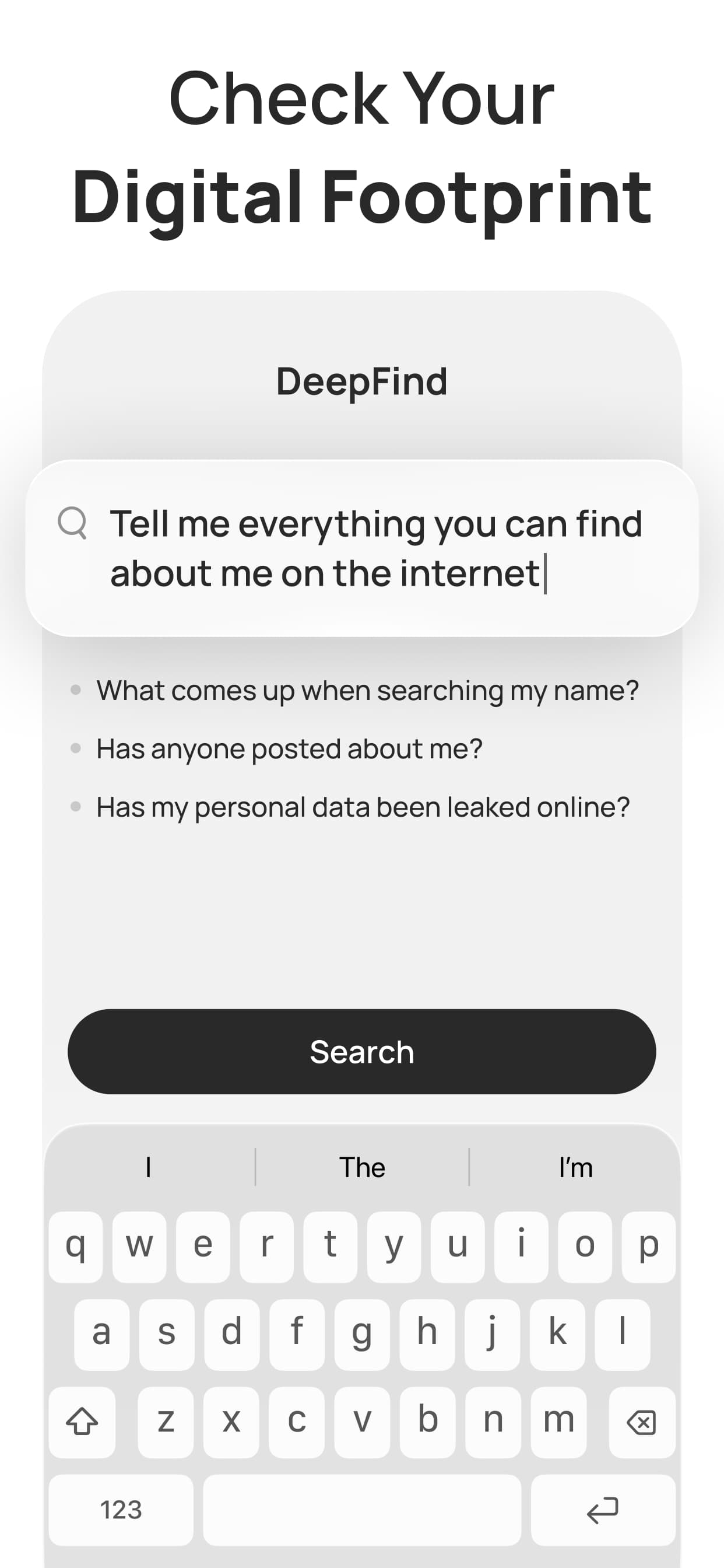 DeepFind digital footprint search prompt with iOS keyboard